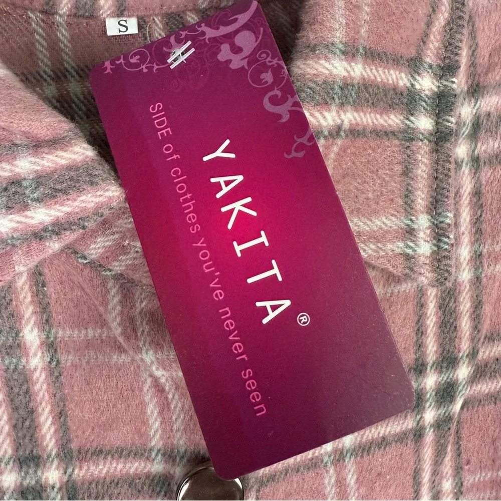 Yakita Womens Plaid Flannel Shirt Jacket Pink Button Down NWT Small - Picture 8 of 11